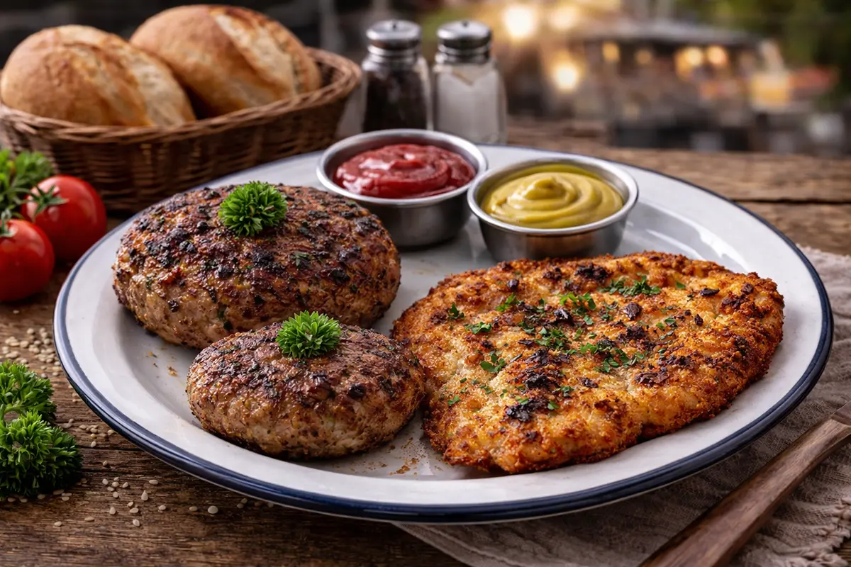 Schnitzel und Bulette mit Brötchen und Ketchup